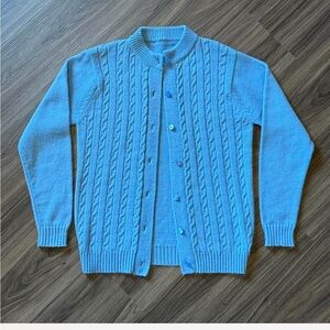 Blue Vintage Button Up Cable Knit Ribbed Hand Knit Sweater